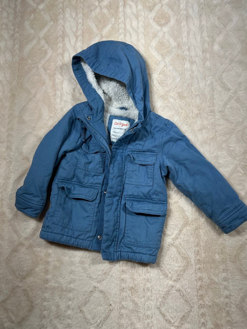 Cat & Jack Boys 2T Blue Hooded Sherpa Lined Jacket Coat Full Zip EUC